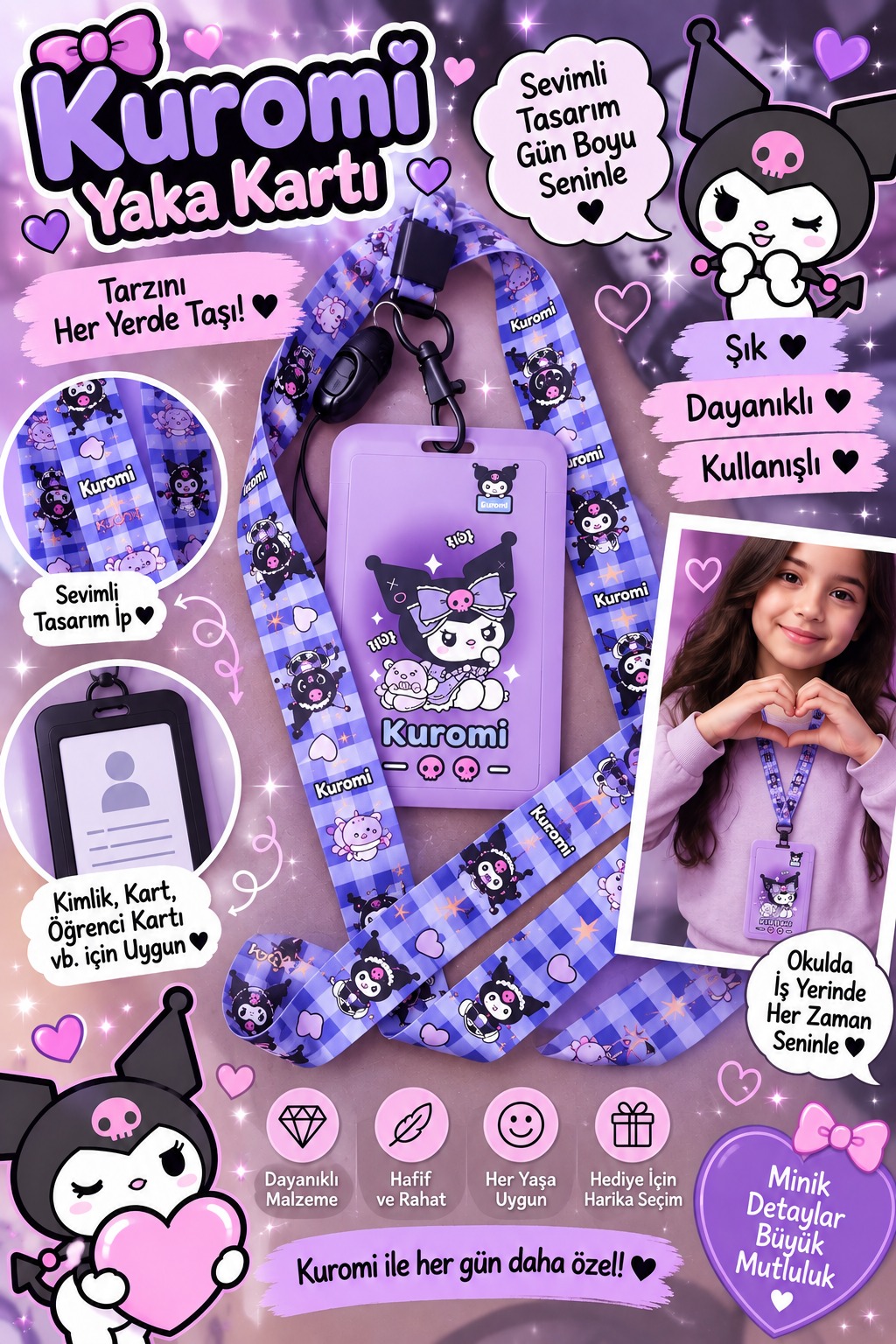 Kuromi Yaka Kartı Boyun Askılı Kimlik Kartı Kılıfı – Okul Kurs ve Günlük Kullanım